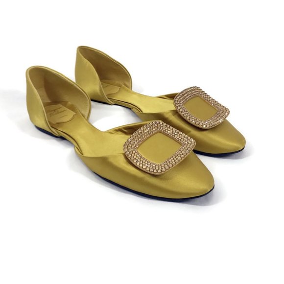 Roger Vivier style D'Orsay ballet flats Yellow Gold Crystal Strasse Buckle - Picture 1 of 8